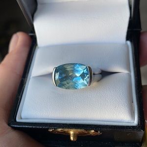 Sterling silver ring w/large blue topaz & filigree